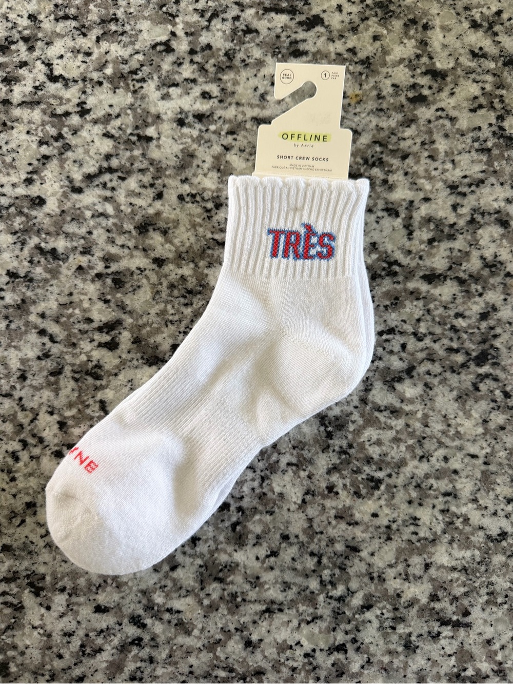 Offline by Aerie White 'TRÈS' Short Crew Socks with Red & Blue Embroidery